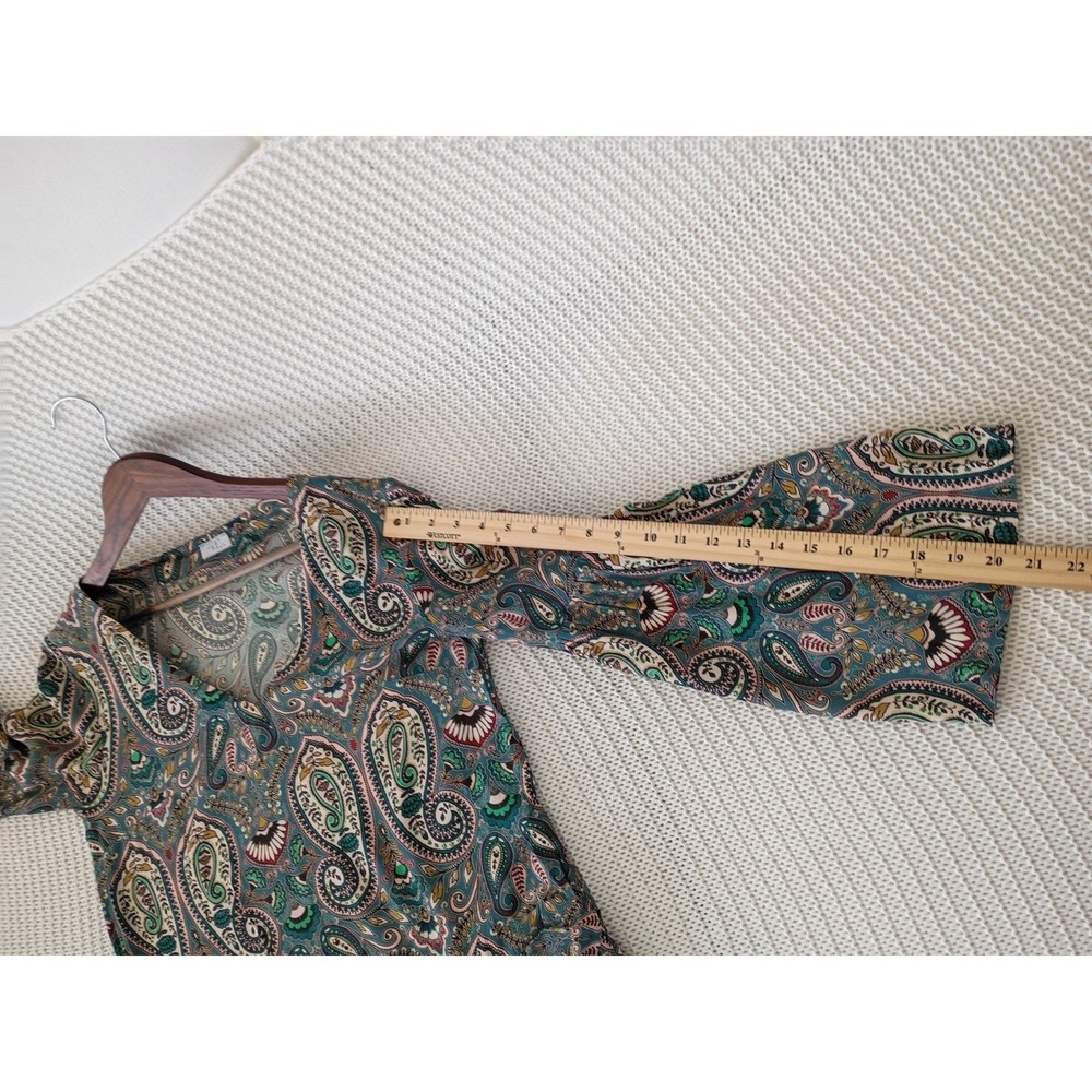 Just Paul Paisley Boho Mini Dress Teal V-Neck Bell Sv Ruffle Hem Poland Made - Picture 9 of 11